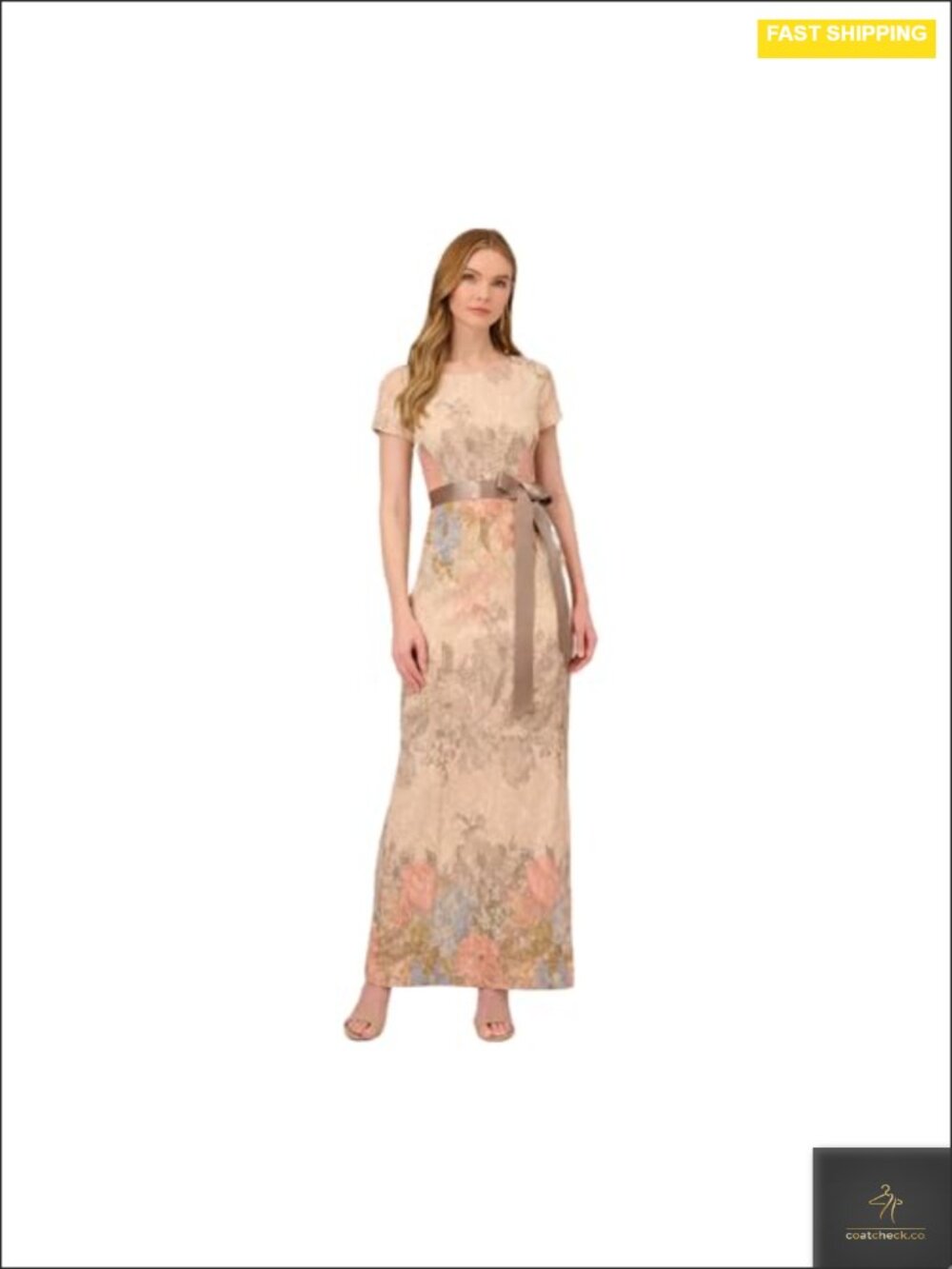 Matelassé Floral Column Evening Gown with Back Slit, Cap Sleeves